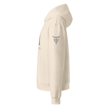 Warrior oversized heavyweight gym hoodie in Dust, left side view